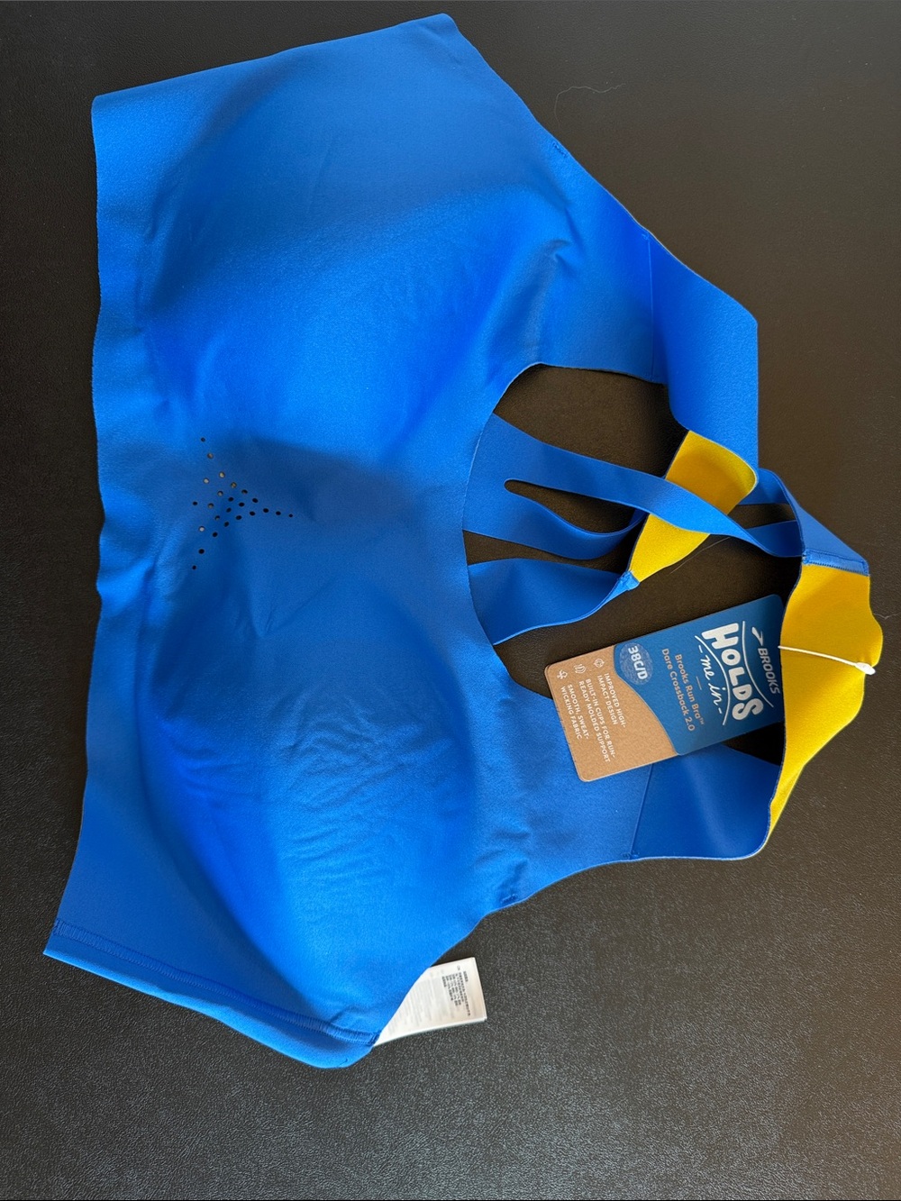 Brooks Dare Crossback Run Bra in Blue with Yellow Trim